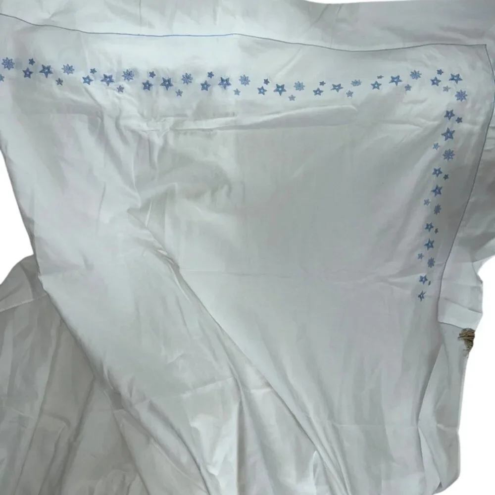 Schweitzer Linen ITALY white embroidered blue stars TWIN flat sheet